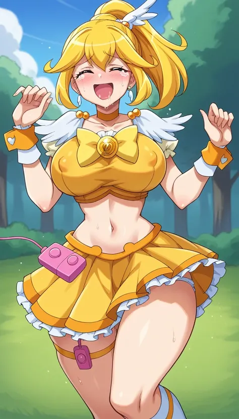 score_9, score_8_superior, score_7_superior, Outdoor,
Break Source_anime, 
Break 1 Girl, Cure Peace, ponytail, Yellow Hair, Choose large nipples, Huge breasts, Happy,  Voice of the Heart, 
Yellow Magical Girl, belly button, Wing hair ornament, Crop top, Ru...