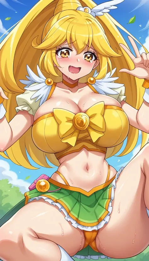 score_9, score_8_superior, score_7_superior, Outdoor,
Break Source_anime, 
Break 1 Girl, Cure Peace, ponytail, Yellow Hair, Choose large nipples, Huge breasts, Happy,  Voice of the Heart, 
Yellow Magical Girl, belly button, Wing hair ornament, Crop top, Ru...