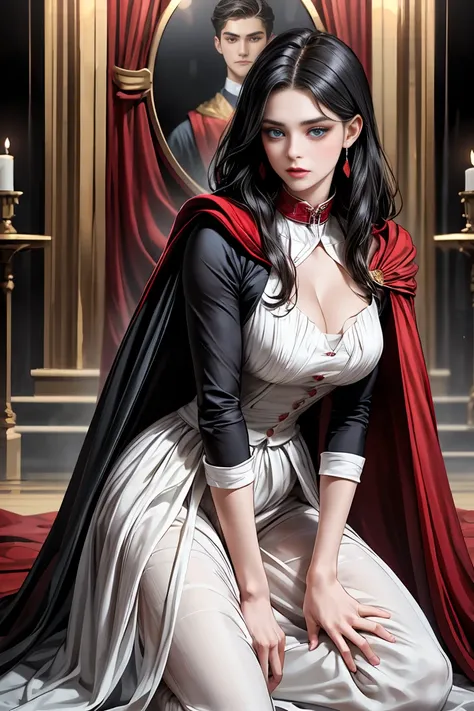 
masterpiece, 最high quality, high quality, 1 girl, alone, Female focus, Watching the audience,  Messy black hair, Adorable big blue eyes, White people, Noble, Noble,Sexy voluminous black and red cape、Tuxedo、A very voluminous, large, very large, very large,...