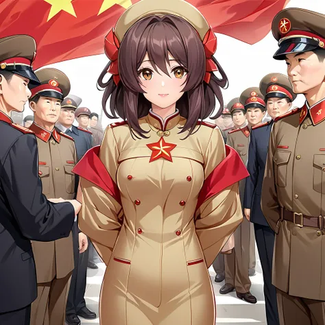 ((Highest quality)), ((masterpiece)), (detailed), （Perfect Face）、The woman is Chinese, Katsuragi Marina, a Chinese woman with medium-long brown hair who is wearing an engagement ring. She is a member of the glorious Chinese Communist Party and has sworn ab...