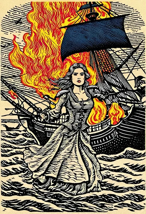 (woodblock print:1.5)、fullcolor、medieval european fantasy、portrait of a female pirate captain、pirate ship vs navy battleship bat...