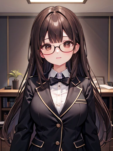 1 female、Brown haired、Brown eyes、Black-rimmed glasses、Fascinating 、Gorgeous face、Perfect body。Highest quality、Ultra-detailed、8k resolution、RAW Photos、Tabletop。Blazer Uniform。Laughter。Large Breasts、long hair