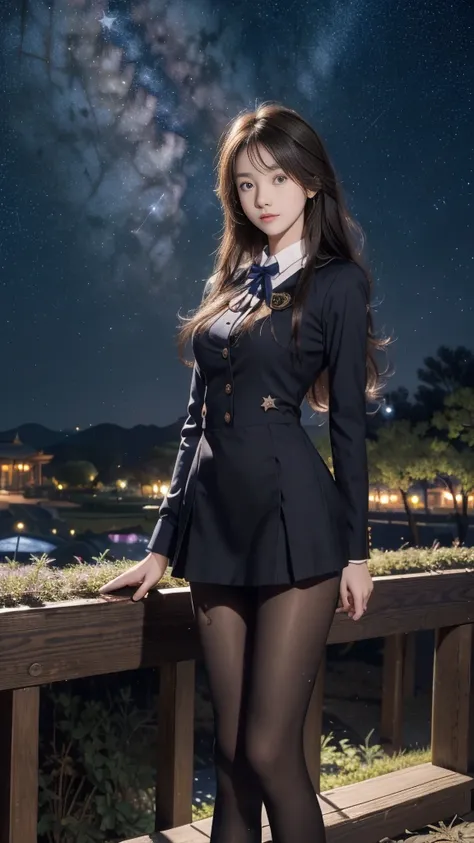 ulzzang-6500-v1.1, (RAW photo: 1.2), (Real photo), (Real photo: 1.4), 1 girl、Perfect anatomy、20 years old、Looking at the camera、Medium length hair、uniform dress, skirt, in a surreal royal garden, under the starry night, ((starry night: 1.1))、(Surreal tight...