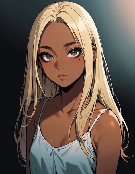 dark skin, from fromt, wide shot, female, age 18, solo, blonde long hair, black eyes, slant eyes, black eyeliner, false eyelashes, mole under eye, collarbone, blankspace