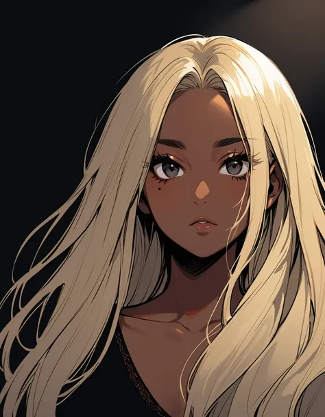 dark skin, from fromt, wide shot, female, age 18, solo, blonde long hair, black eyes, slant eyes, black eyeliner, false eyelashes, mole under eye, collarbone, blankspace