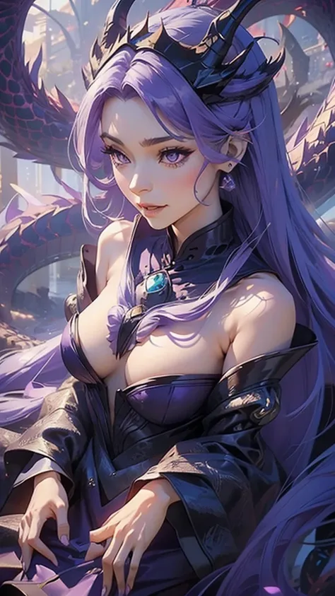 Fair, elegant, slight, oriental adult woman, Long flowing hair(purple), face shape (cold) ,Sexy (Small Mouth), Dragon Horn (purple),, Wearing dragon costume ( purple), 