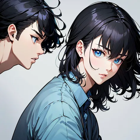 Profile facing right、Looking straight to the side with left hand under chin、Her hair is swept back with an up-bang.、Two Block、Black Hair、Perm、Light blue shirt、No tie、Kind of like a counselor、Soft atmosphere、Simple illustration、The background is gray、No sha...