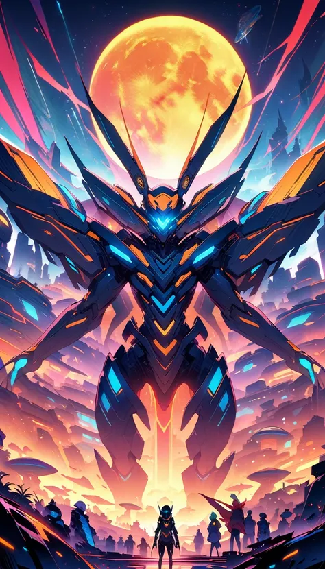 ((best quality)) , ((masterpiece)) , (detailentasy illustration of an enormous wasp with glowing eyes, surrounded cheering people in the style of magic The gathering card art. In front is a large yellow moon over a fantasy town background. Vibrant colors a...