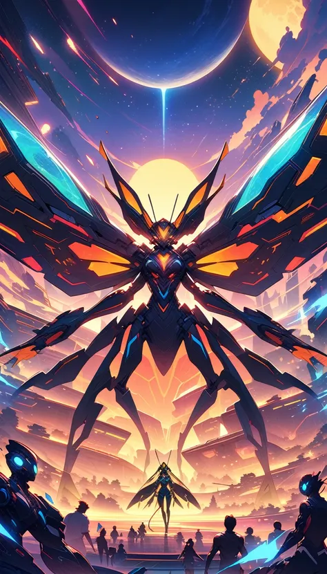 ((best quality)) , ((masterpiece)) , (detailentasy illustration of an enormous wasp with glowing eyes, surrounded cheering people in the style of magic The gathering card art. In front is a large yellow moon over a fantasy town background. Vibrant colors a...