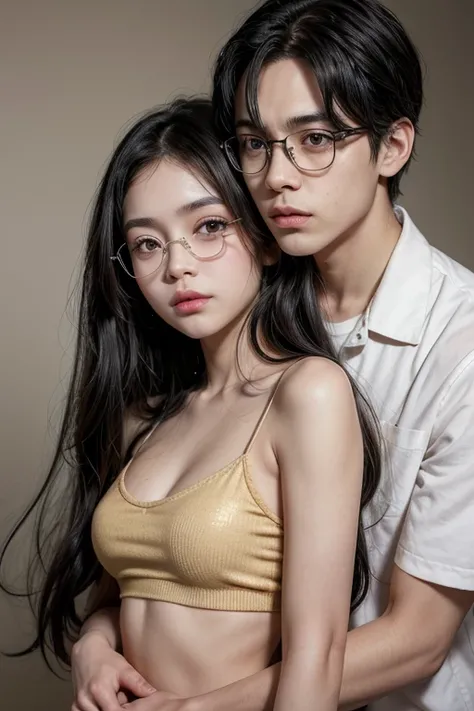 A girl with light skin, not so long black hair, black eyes and thin gold-colored lenses, hugged with a light-skinned boy, slanted eyes, black hair, black eyes and silver colored glasses