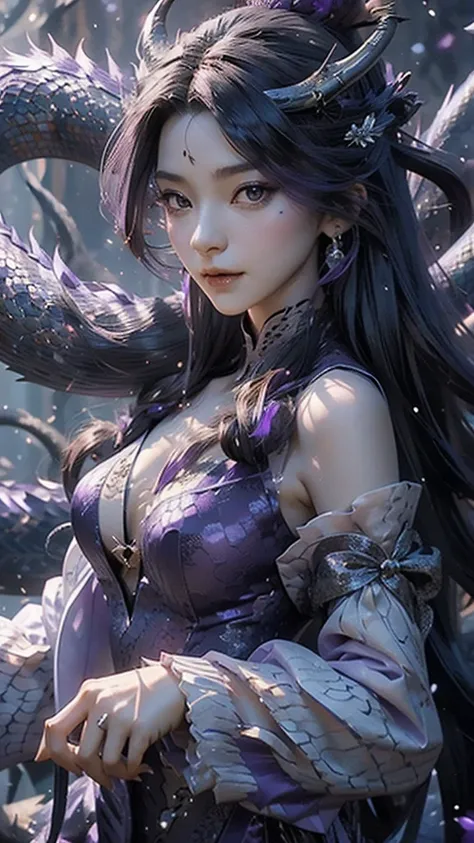 Fair, elegant, slight, oriental adult woman, Long flowing hair(purple), face shape (cold) ,Sexy (Small Mouth), Dragon Horn (purple),, Wearing dragon costume ( purple), 