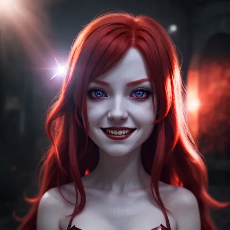 Princess of darkness with eyes of blood, Red hair, crown, evil smile, anime style, lens flare, high detail, first-person view, cinematic lighting, masterpiece, super detail, Best quality, 8 K, uhd