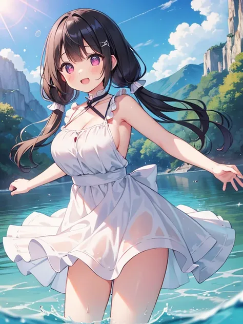 (masterpiece, top quality, high resolution, detailed drawing, beautiful eyes, beautiful hair, perfect face), beautiful river surrounded by mountains, nature, summer, daytime, summer dazzling sunlight, summer from behind the girl An angle that looks up at a...