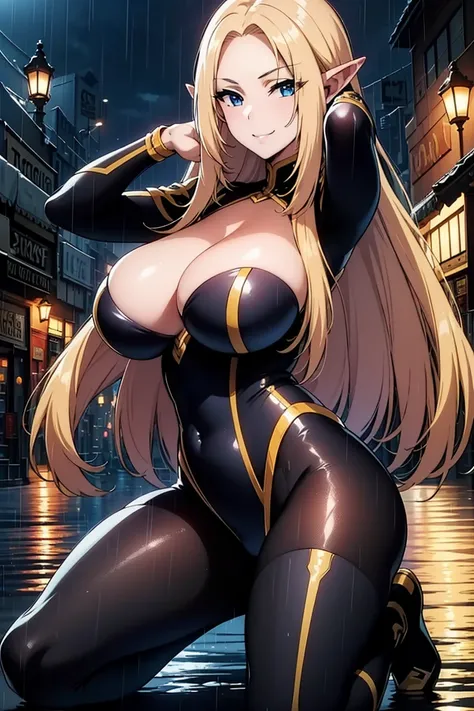 AlphaNDV, 1girl, blonde hair, blue eyes, large breasts, very long hair, elf, pointy ears, black bodysuit
BREAK 
full body view, full body shot, kneeling, Raise your arms behind your head, open the legs, open crotch
BREAK 
smile, arrogance
BREAK
Masterpiece...