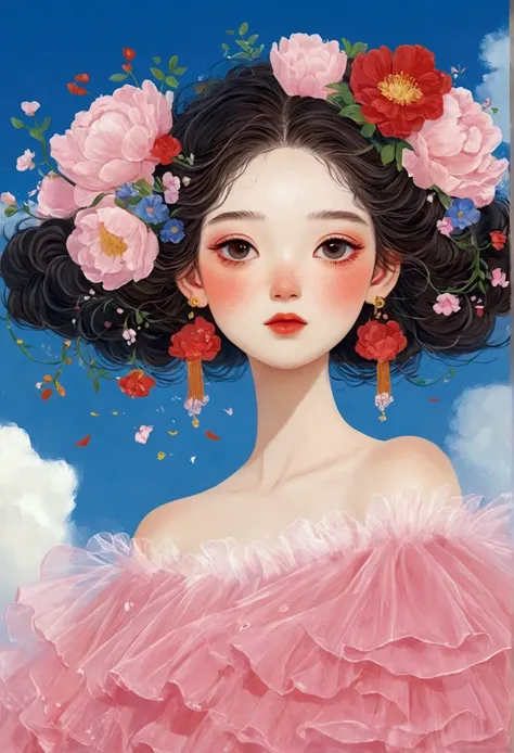 服装设计illustration，This painting depicts a portrait of a girl wearing a dress，Pink Fluffy Tulle Skirt，Red Tulle Skirt - Fluffy - Multi-layered，Flower Inspired Dresses- Flower Shapes， Trending on artstration, 一幅美丽的艺术illustration, Beautiful digital illustratio...