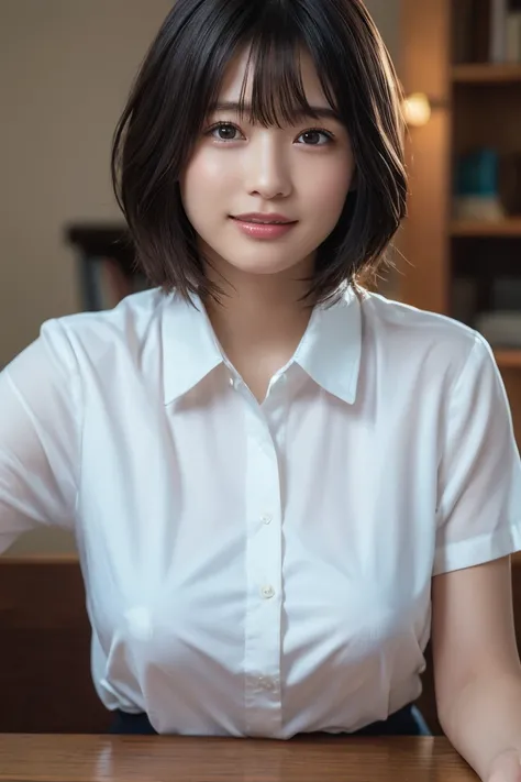 ((Upper Body:1.3)).Blown by the long wind [Blue-black:.3] hair,Looking at the audience, (Tabletop:1.3), (8k, Realistic, RAW Photos, Highest quality: 1.4), Japanese, (1 girl), Beautiful Face, (Realistic face),{Wavy medium hair|Front hair short bob|short hai...