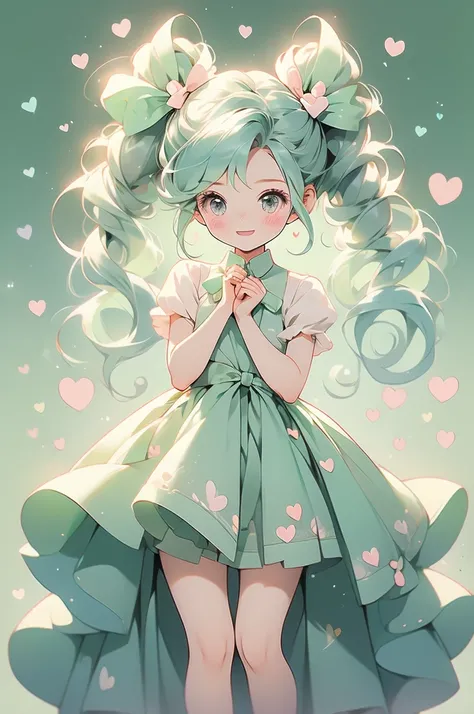 (pastel:1.2)、(Chibi Girl:1.2)、Ezvian everywhere、Long twin tails、Bow and Bow、Heart Eyes、Fluffy dress、Funny pose、Whistling、Laughing pose、original、Round background、Mint green gradient