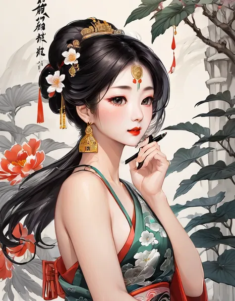 Chinese traditional ink Body Art style, (Draws the graceful figure of a woman with simple lines），Please step back, Undulating lines, Thick and thin lines, (Body Art）,
Line art, Black and white painting,Drawing Characters,Line art,Lyrical abstraction, Fount...