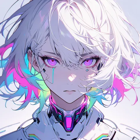 Frontal portrait，Handsome, Solitary, 1 male, Medium Length Hair, White hair, Rainbow hair, Purple Eyes, White clothes, Futuristic, Cyberpunk, Cybernetic, neon,White background