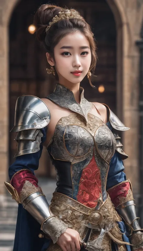 Highest quality, Realistic, photoRealistic, Award-winning photography, (Intricate details, royal palace: 1.2), (Subtle details), (Intricate details), (Cinematic Light, Beautiful attention to detail,Hair Bun,Small Breasts Natural Color Lip, Sexy pose,smile,...