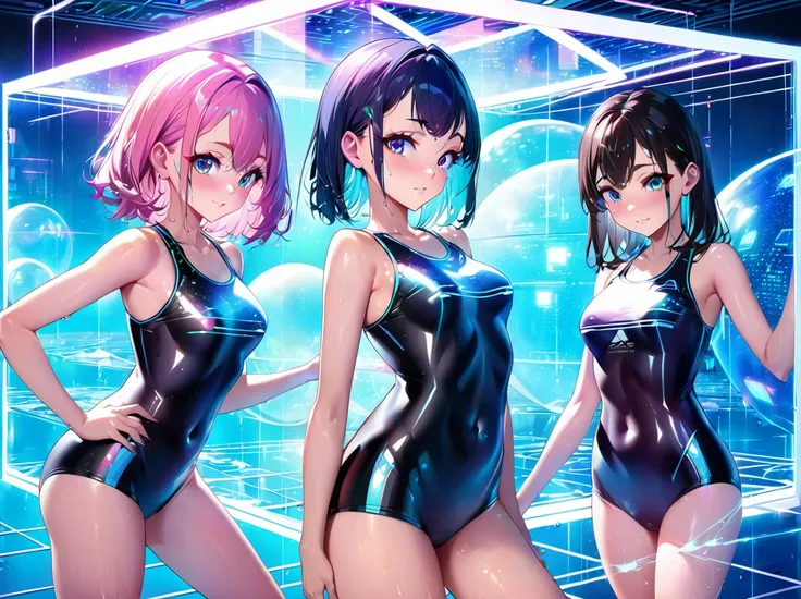 Anime girls in latex outfits posing in front of a futuristic background, Best anime 4k konachan wallpaper, BoobsCyberpunk, Perfect android girl family, Anime Style 4 k, Hololive, Digital Cyberpunk Anime Art, Anime Style. 8k, Trending on cgstation, Digital ...