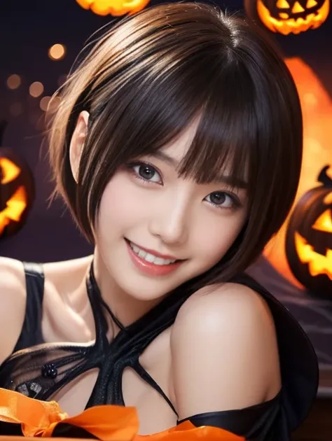 (table top,a 25 years old girl, detailed cutie face, beautiful balanced clear detailed eyes, detailed dropped eyes, ultra big smile, extremely detailed face,ultra slender body,short hair,anime style, (halloween costume):2.0), Highres fix,colorful lights, p...