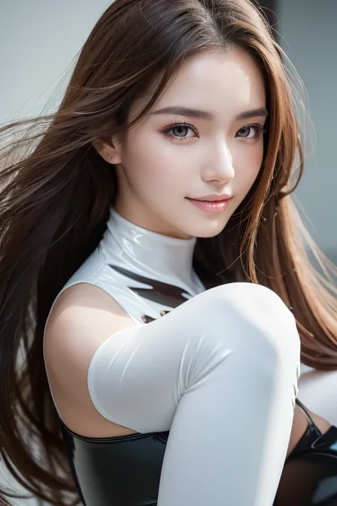 Latex bodysuit、Knee-high boots、Huge 、Long brown hair、Shiny, Oily skin、Glowing Skin、Indoor competition pool、White skin、Flying debris, Highest quality, Realistic, Very detailed, finely, High resolution, 8K デンデ wallpaper, One beautiful woman,, Light brown mes...