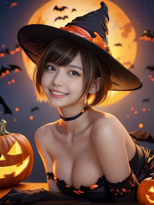 (table top,a 25 years old girl, detailed cutie face, beautiful balanced clear detailed eyes, detailed dropped eyes, ultra big smile, extremely detailed face,ultra slender body,short hair,anime style, (halloween costume):2.0), Highres fix,colorful lights, p...