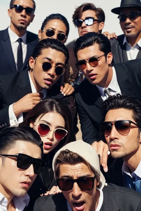 Gangster style with sunglasses　Foreign Men　6 people　Open your mouth wide　View from the front　sing　