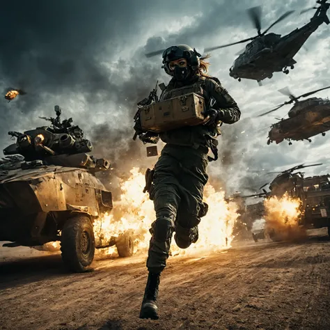 Futuristic Urban warfare, futuristic hind helicopter, A female soldier with combat mask holding a treasure chest, sprinting through a battlefield. Trucks and off-road vehicles in motion, with a helicopter flying above, billowing flames, reflections, high t...