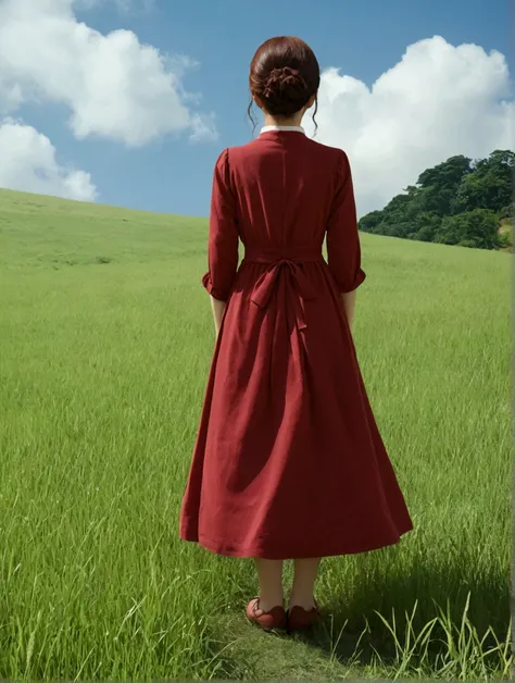 A modest dull red dress、Back view、Teru、Ghibli、Gedo Senki、grassland