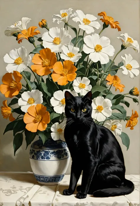 Black Cat, Alson Skinner Clark (Alson Skinner Clark) White floral art