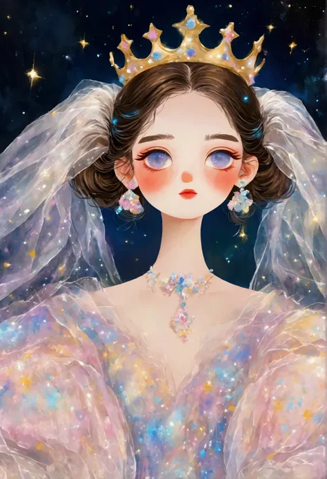 a pastel painting。1 beautiful and elegant girl，golden crown，veil，puffy tulle dress，exaggerated sleeves，fluffy，fluffy白色薄纱，dreamy ...