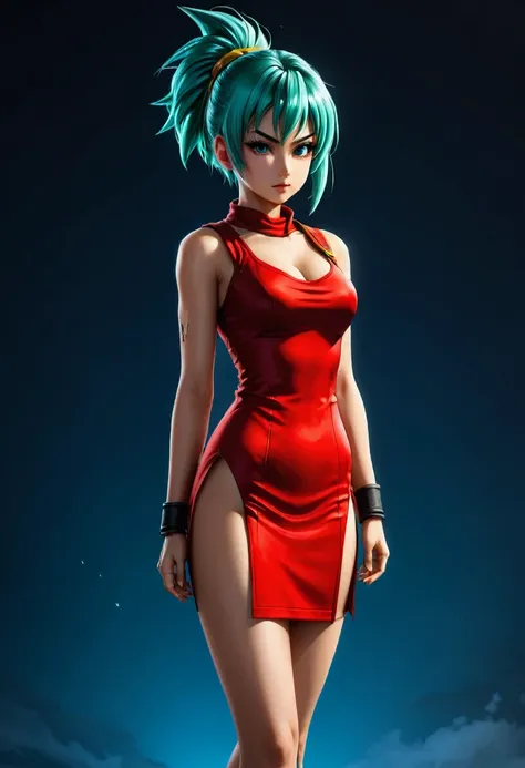 a woman in a red dress and a yellow scarf, bulma from dragon ball, faye san valentin, succubus in short tight dress, rendering i...