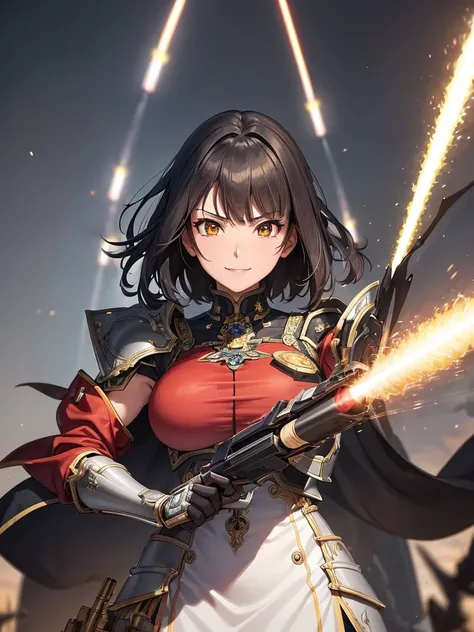 Tall beautiful woman with dark hair wearing highly realistic and detailed robotic armor,1lady crying,japnese anime art works,gimmick weapon cyborg, closed mouth,large lips,nihilistic smile,transform body,red jacket uniform, yellow muffler fluttering in the...