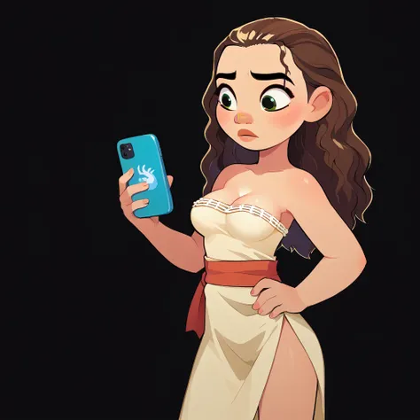 score_9_presence, score_8_up, Moana, wrapped in towel, medium breasts, holding phone