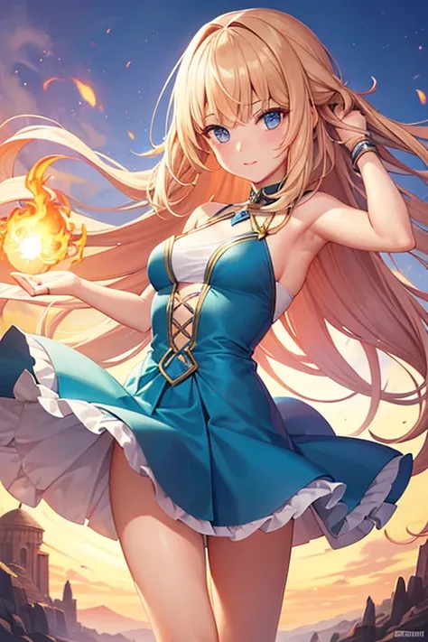 A girl from the fantasy world with pheolete hair casts a pheolete fireball