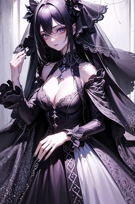 Create an image set with a photorealistic dark chapel, Illuminated only by moonlight, Featuring an anime-style girl character as the central character. She is portrayed as an evil guru., She is wearing a jet black dress with a striking black veil., Pale sk...