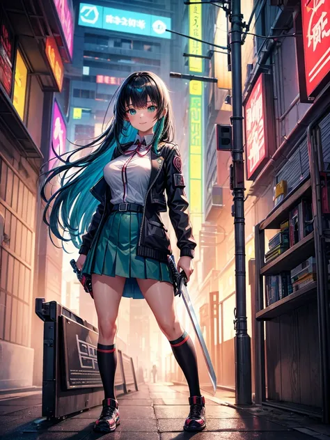 middle School girls，smile，美しいgirl，Beautiful girl from another world，sword of the future，holding a big sword in his hand，girl，Cyberpunk uniforms，The best quality to get you horny，Psychic，Wizard，battle，Colorfulな髪色，完璧なgirl，Super cute girl，Cyberpunk Background...