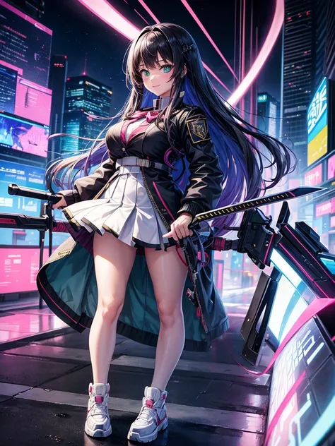 middle School girls，smile，美しいgirl，Beautiful girl from another world，sword of the future，holding a big sword in his hand，girl，Cyberpunk uniforms，The best quality to get you horny，Psychic，Wizard，battle，Colorfulな髪色，完璧なgirl，Super cute girl，Cyberpunk Background...