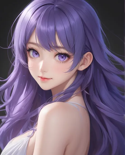 1girl, solo, blue eyes,very long hair, smile, looking at viewer,(full body:1.2), (purple|blue hair),breasts, lips, bangs, nose, closed mouth, medium breasts, realistic, simple background,(realistic:1.5),masterpiece, Extremely detailed CG unity 8k wallpaper...