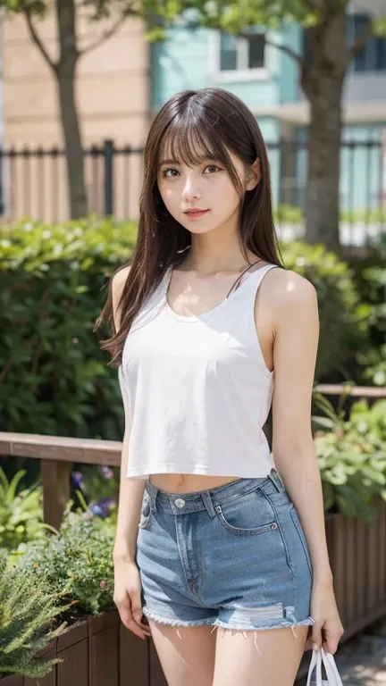 Highest quality, RAW Photos, Realistic, face, Incredibly beautiful girl, cute, Long Hair，garden，White tank top, Denim shorts, リラックスした座りポーズflat, breasts, small breasts, small,( small bust: 1.2), small bust, (slim, small, flat, small), thin, Delicate and sex...