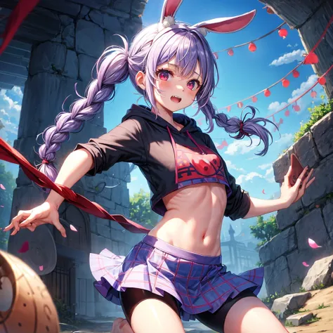 Blue-light purple hair、Red eyes、Braid、bandana、One cute girl、solo、And soul、Light clothing、Checked mini skirt、petal、Wet hair、black t-shirts、Rabbit Hoodie、large tree、cloud、Red full moon、desert、barefoot、Stones are piled up、Teeth are visible、Secret Treasure、For...