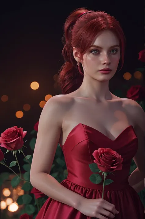 girl , 1solo, ponytail hairstyle ,Auburn-red-hair , hold flowers , digital painting, dramatic lighting, ultra realistic, smooth, soft 8k, art , blur backgrond, wearing dress, hold pink roses  ,black background , bokeh, roses , botanique , look at view, ros...