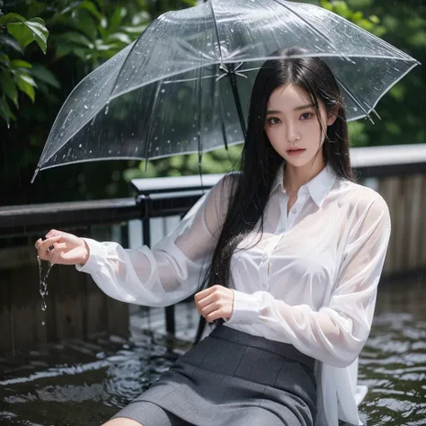 mini skirt、Leg spread、Hair getting wet in the rain、Transparent shirt、Beautiful woman getting wet in the rain、typhoon、Get wet without an umbrella、Beautiful woman in the rain、雨で濡れたBeautyOL、Detailed face、Realistic、beautiful girl、Beauty、Office Lady Uniform、bea...