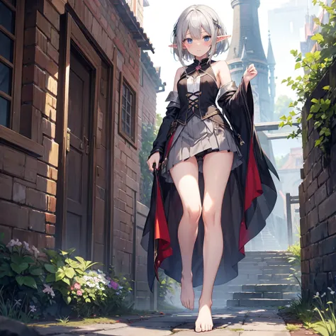  One Witch, Small breasts, Elf, Gray Hair, Expose, Embarrassed, barefoot, Short skirt, walk, I can see her panties, Shoulder Bare