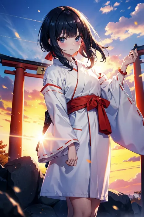 rikka body,  black hair, blue eyes, long hair, orange scrunchie, scrunchie, wrist scrunchie,smile,blush,white kimono, kimono,red...