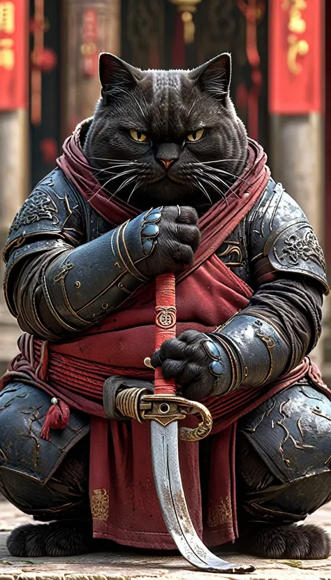 Un gros plan dun chat, un chat ninja, corpulent, poings foudroyants, en tenue de combat, fond de temple du monastère Shaolin en Chine, haute résolution, chef-dœuvre artistique, qualité supérieure, ultra-détaillé, style Hong Kong, animation 3D fluide, adora...