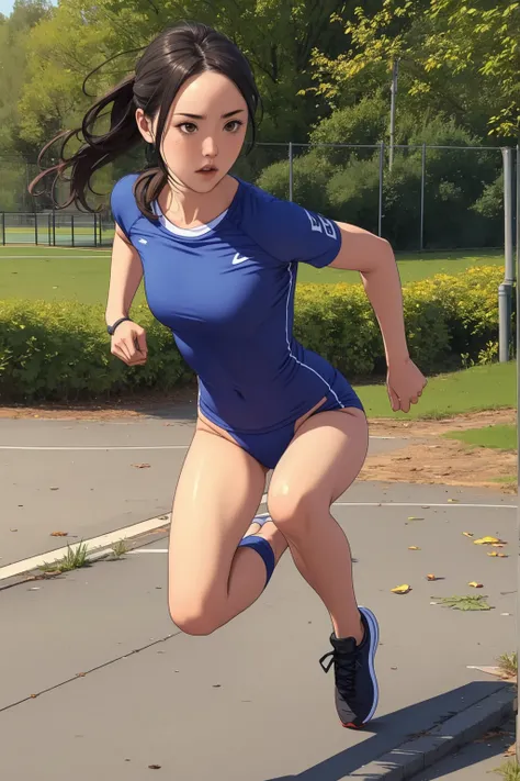 1 girl, long brown hair, wearing sport clothing, jogging in the park, fullbody shot, 