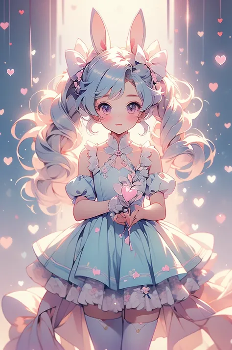 (pastel:1.2)、(Chibi Girl:1.2)、Ezvian everywhere、Long twin tails、Bow and Bow、Heart Eyes、Fluffy dress、bright、Fluffy Robot Rabbit_Floating、Hold Fluffy Light、original、Fantasy Background、Colorful gradient